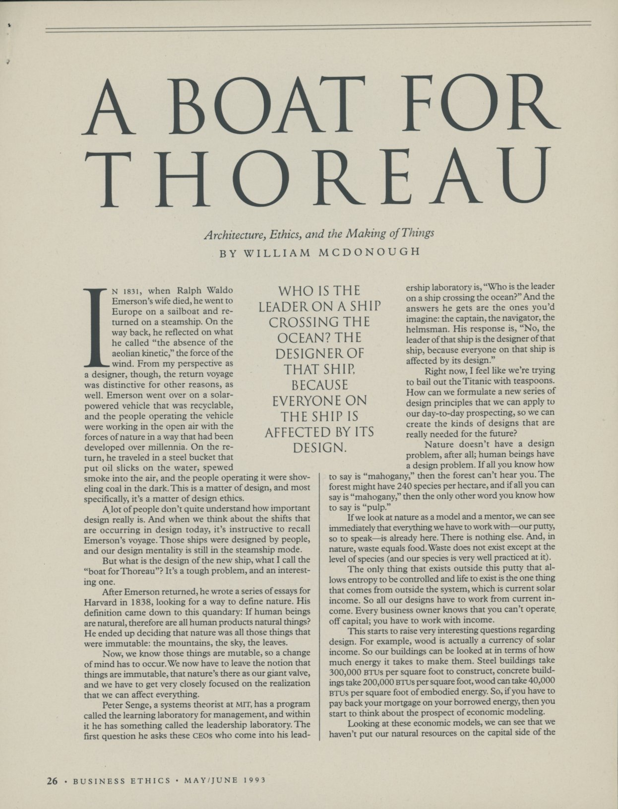 Opening page of A Boat for Thoreau in Business Ethics, May/June 1993