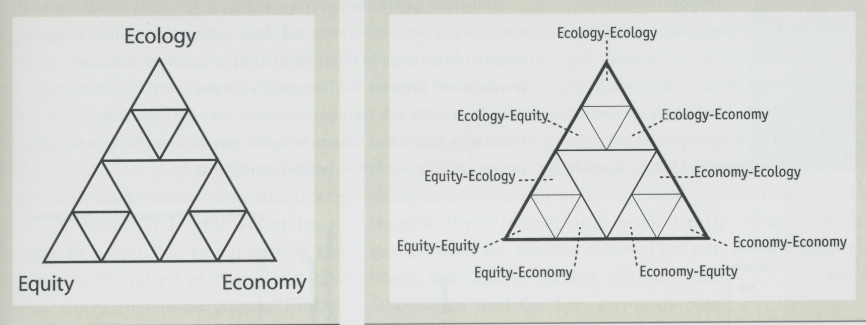 Two fractal triangles of Ecology, Economy and Equity, the second labeled with its nine sectors