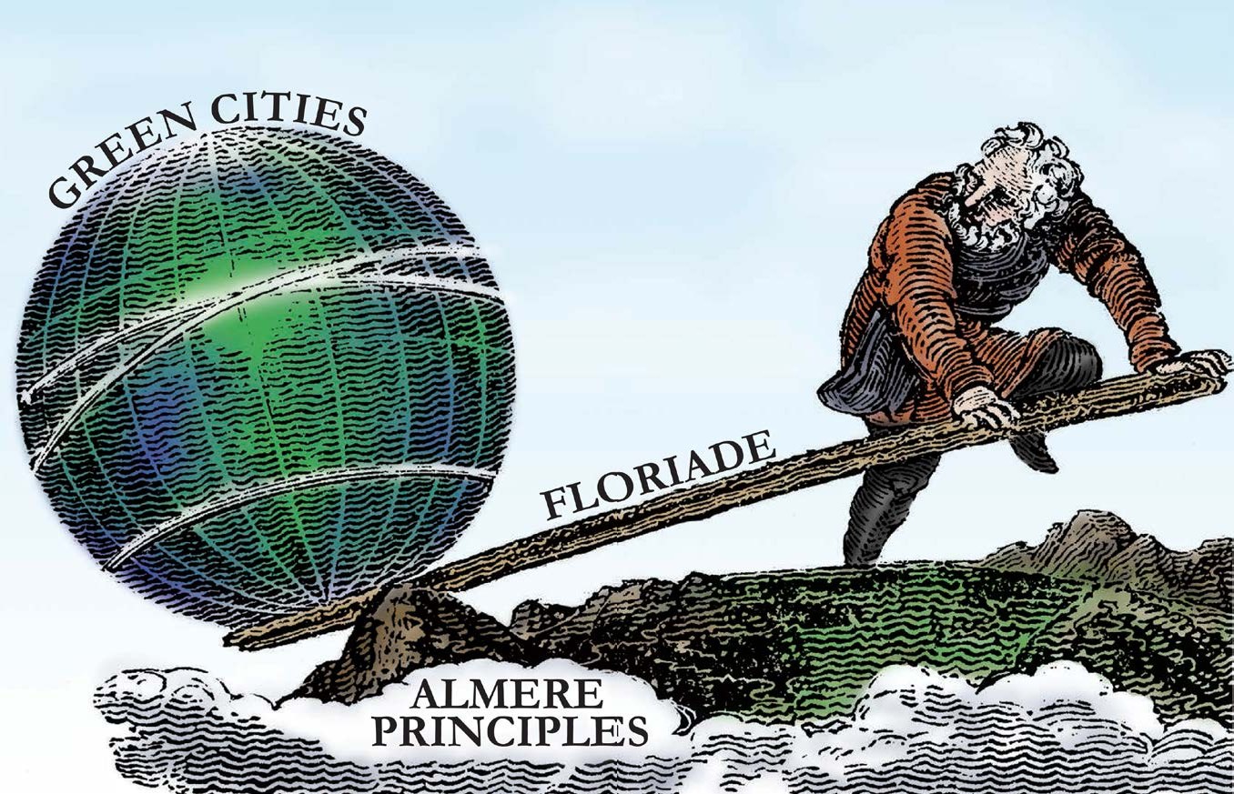 Engraving of Archimedes levering a globe labeled Green Cities on the Floriade, with Almere Principles as the fulcrum