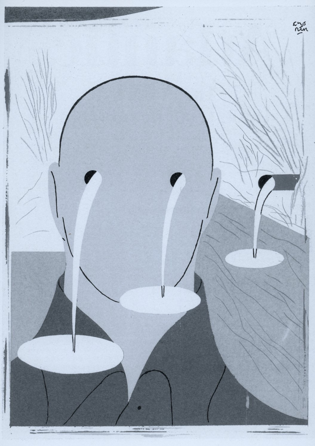 Brian Cronin illustration of a figure whose eyes pour streams like factory outflow pipes