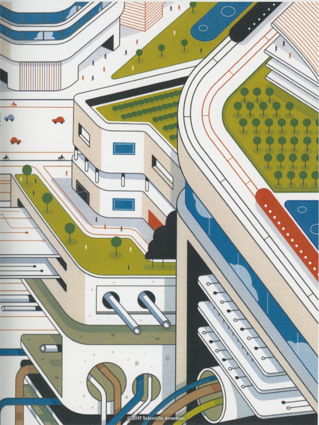 Illustration of a green, layered city with rooftop gardens and bridges