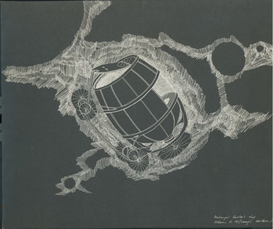 White line drawing on grey of a barrel-shaped vessel on wheels, titled Archangel Hairton's Ship