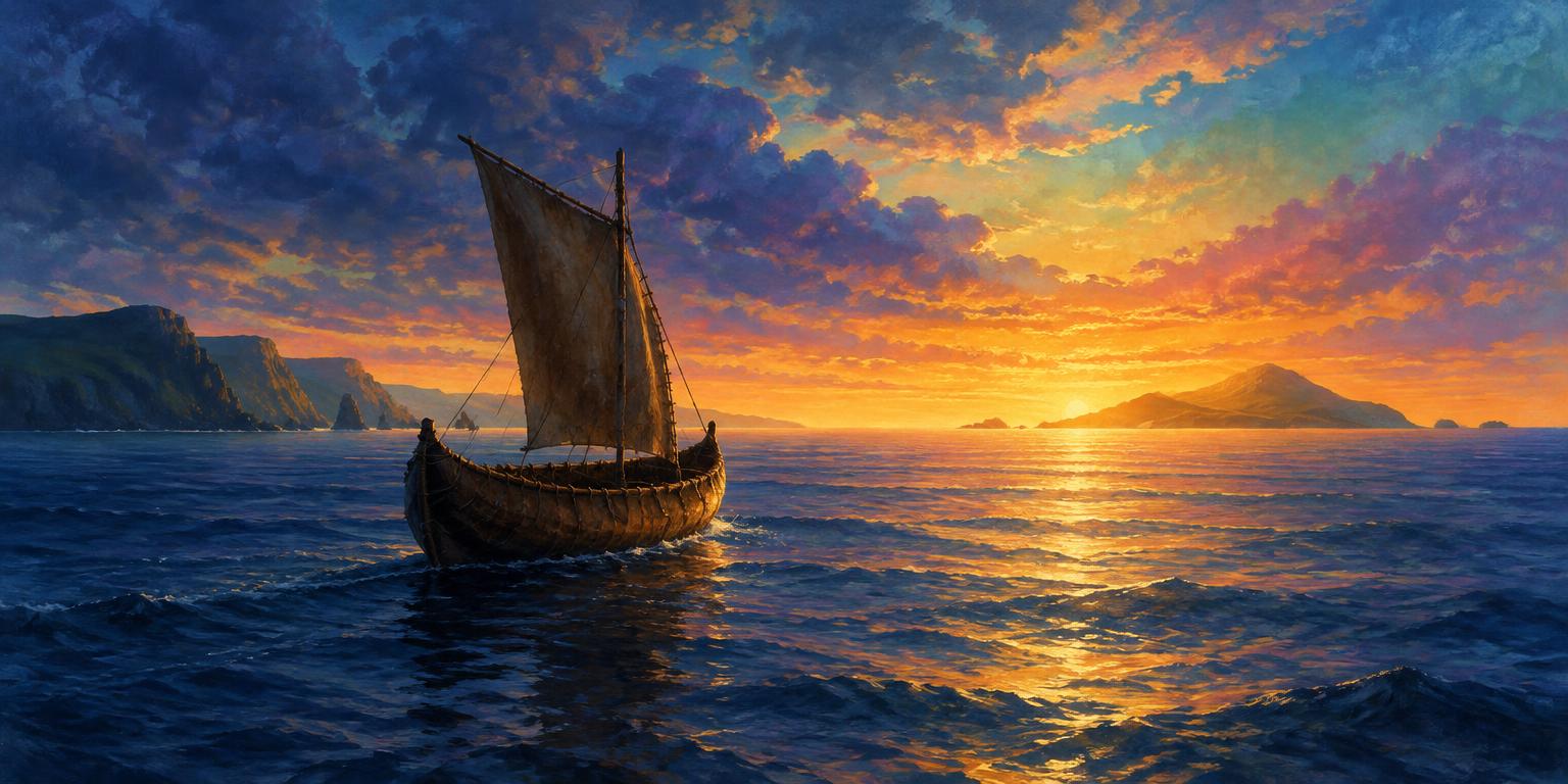 An ancient Irish curragh sailing west toward a luminous many-colored horizon