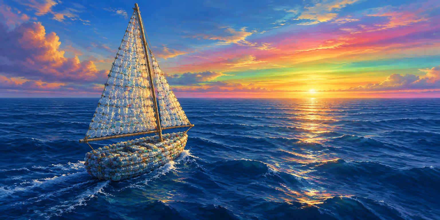 A sailboat built from plastic bottles sailing toward a many-colored western horizon
